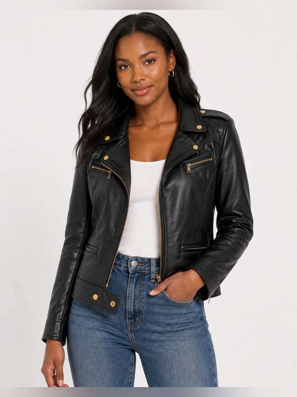 MODA International Genuine Leather Jacket Y2K Fitted‎ Moto in Black - SIZE XS